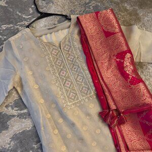 Cream Salwar Kameez + Pink Scarf (Size: S)